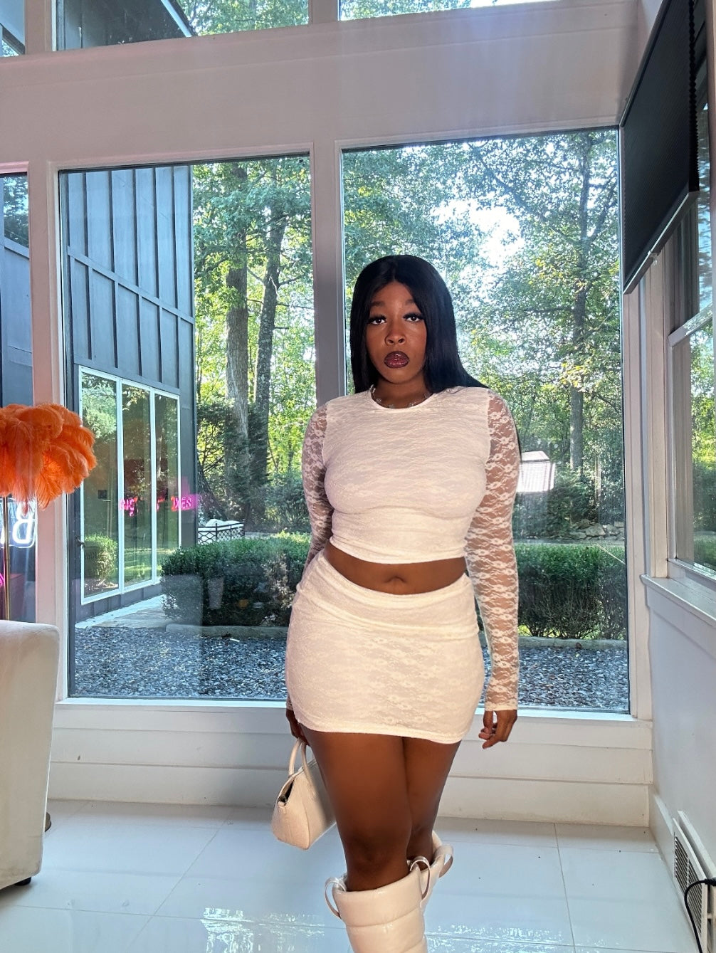 “Snow Bunny” White Lace Matching Skirt Set