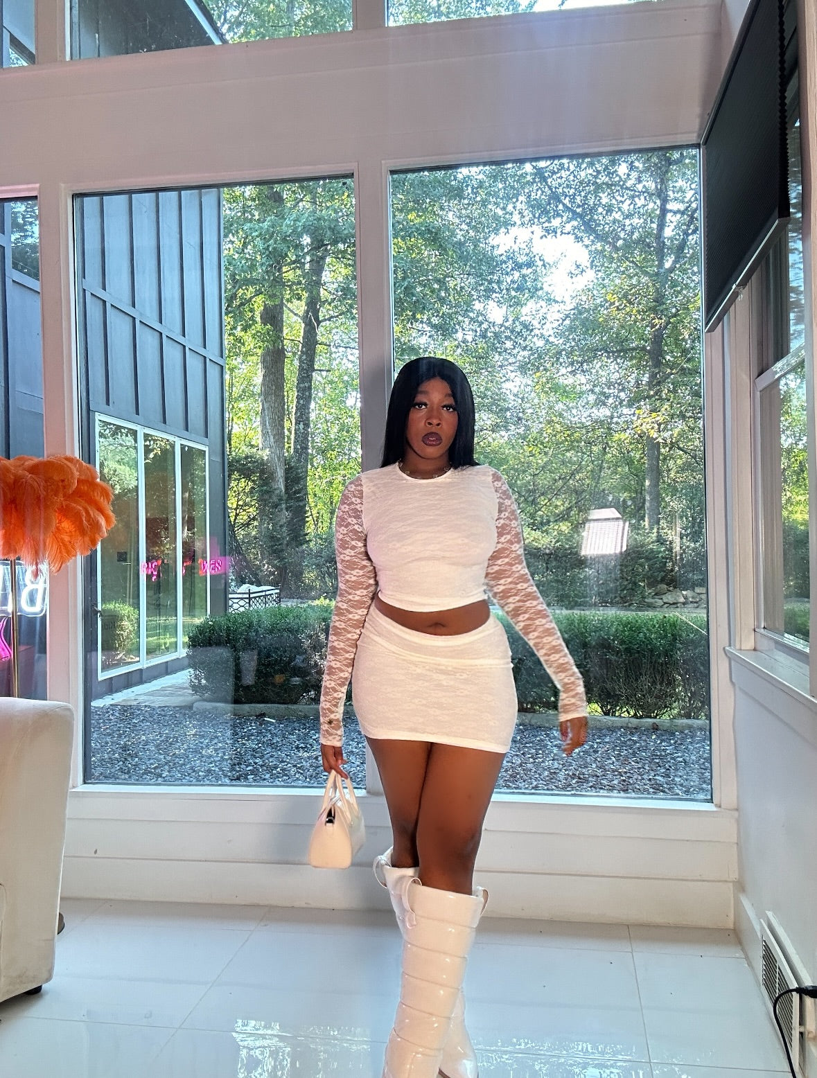 “Snow Bunny” White Lace Matching Skirt Set