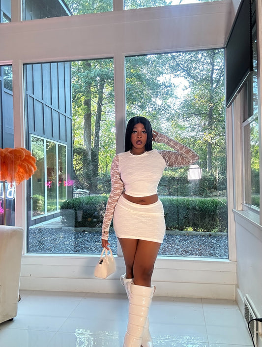 “Snow Bunny” White Lace Matching Skirt Set